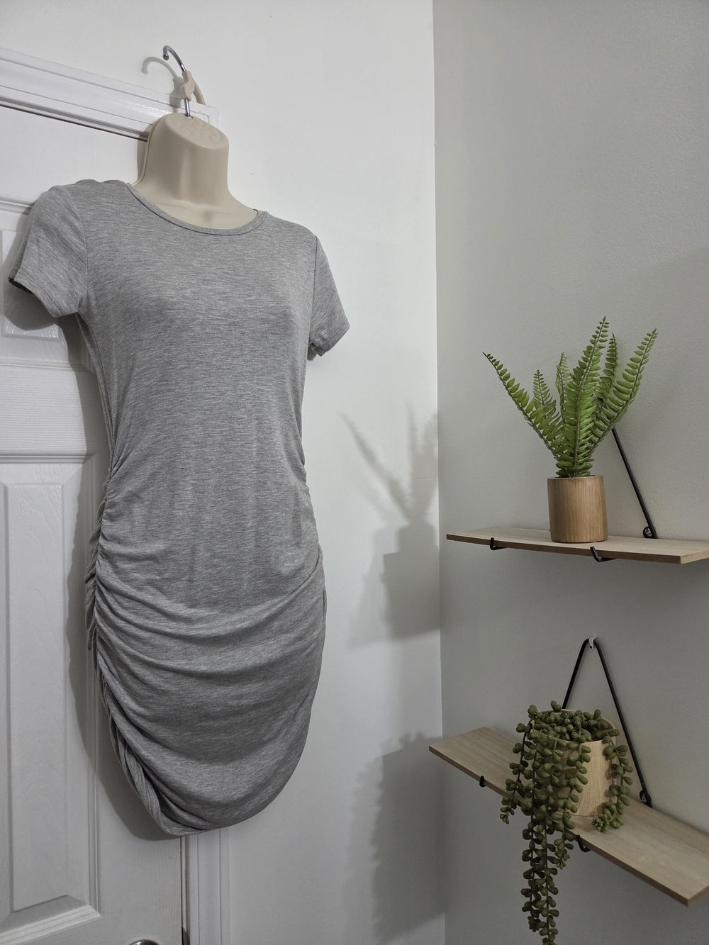 Gray Ruched Side Mini Dress - Casual Crew Neck